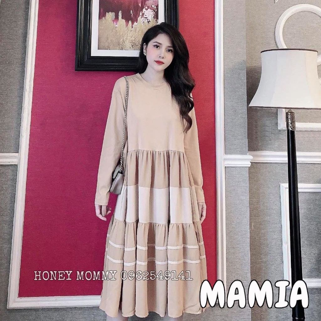 Váy Bầu Xinh Dài Tay Chất Cotton Đầm Bầu Công Sở Dáng Xòe Thiết Kế Trẻ Trung
