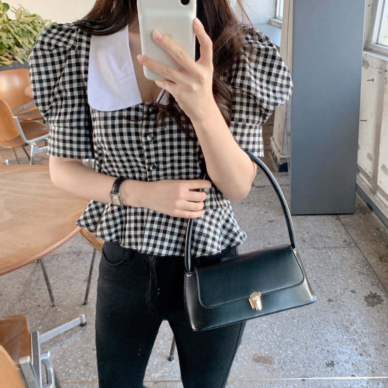 Áo Sơ Mi Ngắn Tay Cổ Búp Bê Họa Tiết Kẻ Sọc Thời Trang Phong Cách Phương Tây Cho Nữ