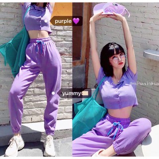 Set thể thao tím áo croptop + quần jogger