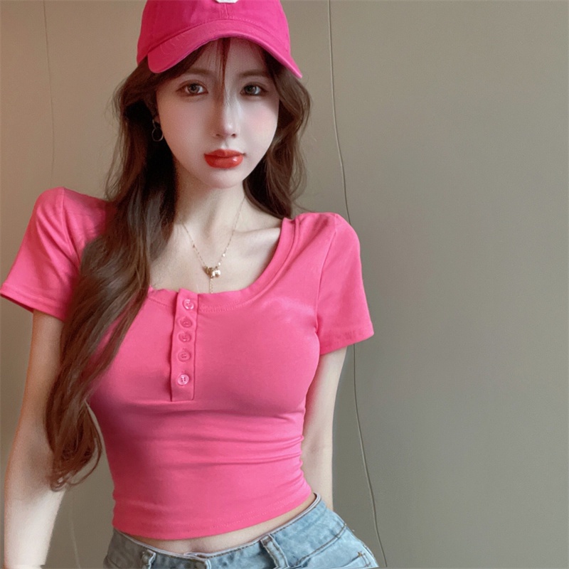 Áo Thun Tay Ngắn Cổ Vuông Màu Sắc Ngọt Ngào Thời Trang Cho Nữ