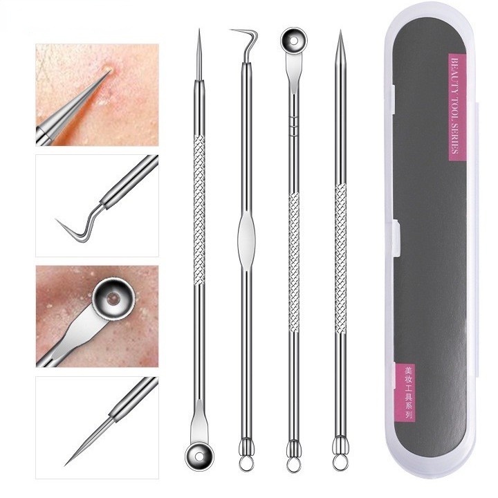 Set of 4 stainless steel blackhead removal tools for facial skin care
