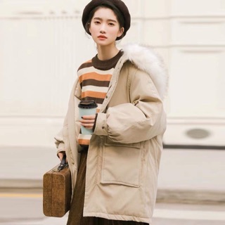 Áo khoác ulzzang áo khoác phao béo lông vũ có mũ dáng hàn quốc dài dày