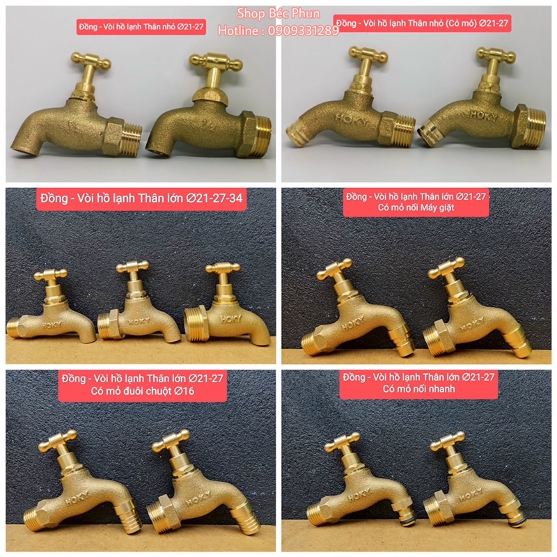 Vòi đồng, vòi nước tay vặn thân lớn, thân nhỏ, có mỏ phi 21 27 34
