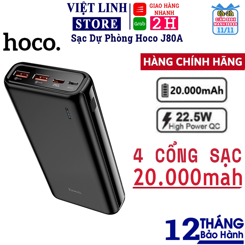 Sạc dự phòng 20000mAh Hoco J80A, sạc nhanh PD 22.5W - 5A - có đèn led hiển thị pin - Bảo hành 12 tháng