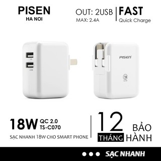 Củ sạc nhanh 2 cổng Pisen 2,4A TS-C070 hỗ trợ sạc nhanh Chính Hãng