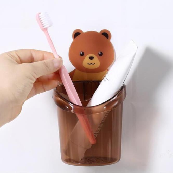 Cốc cắm bàn chải kem đánh răng dán tường hình gấu chất liệu ABS thân thiện môi trường