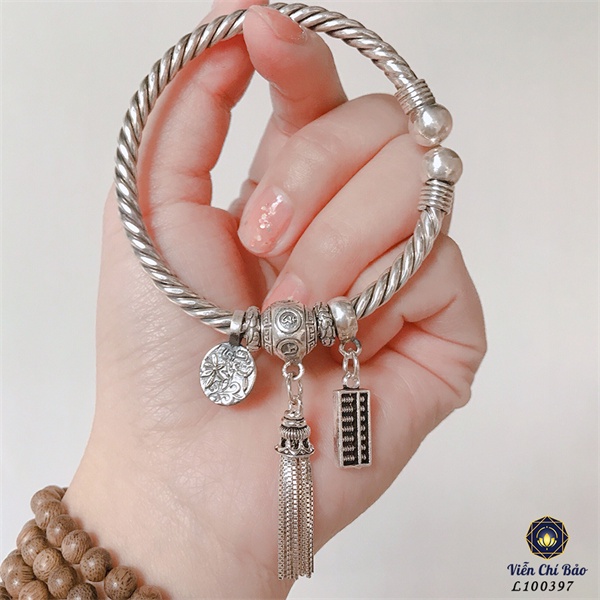 Kiềng tay bạc nữ khắc thần chú Om Mani Padme Hum bạc Thái 925 thời trang phụ kiện trang sức nữ Viễn Chí Bảo L100397