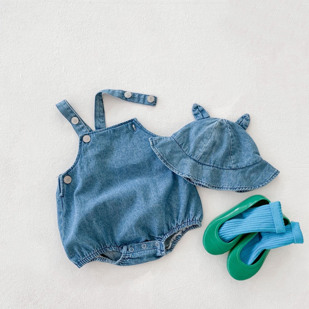 Bộ 3 Món Áo Liền Quần + Nón + Áo Khoác Denim Thời Trang Mùa Thu 2023 Cho Bé