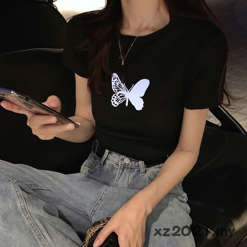 Áo Crop Top Nữ In Hình Bướm Màu Trắng Đen