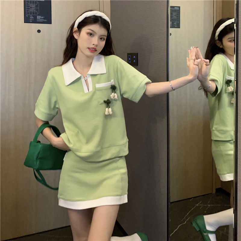 Summer 2022 new sweet collision color Polo leading college style small casual avocado green blouse set girl