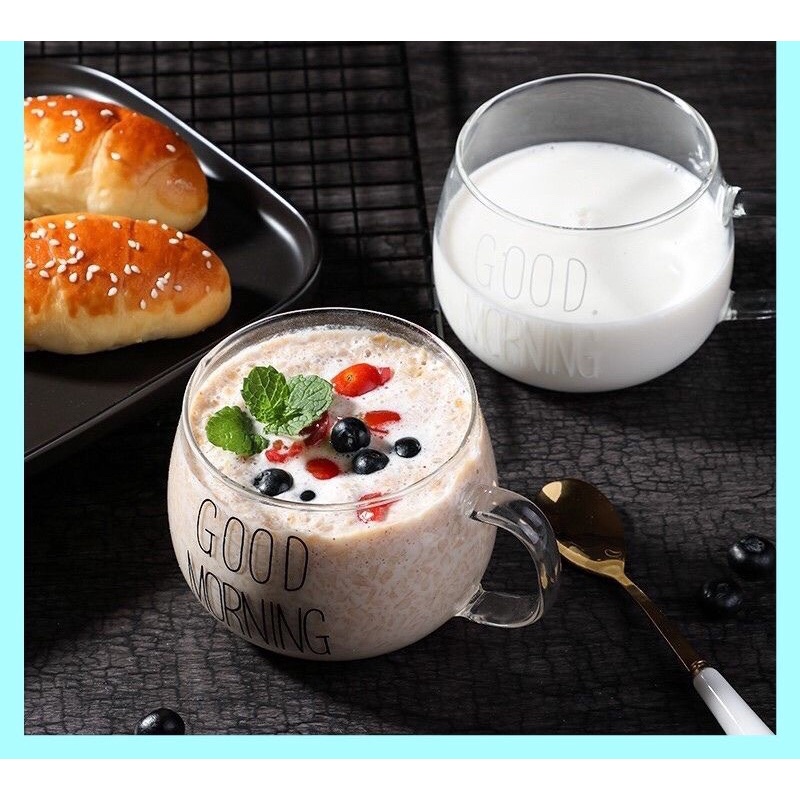 Ly thủy tinh dễ thương uống nước cute GOOD MORNING 350 ml Cốc thủy tinh chịu nhiệt có quai decor Minasi