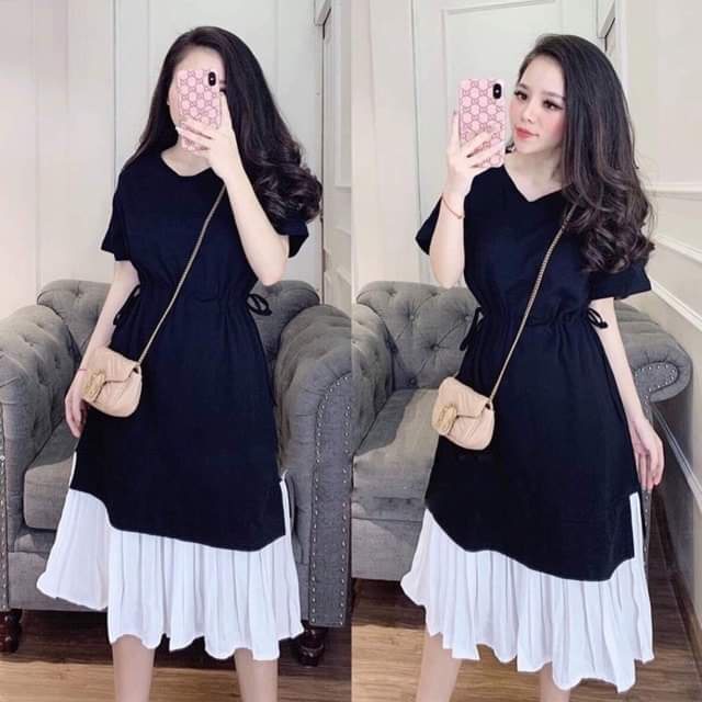 Đầm bầu rút eo chân trắng M309 vải tici thời trang thiết kế freesize