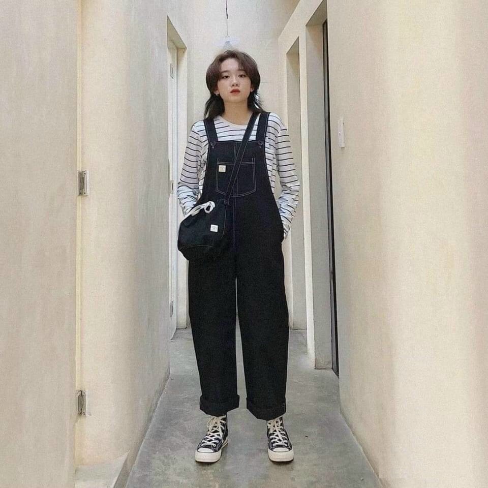 Quần Yếm Phối Chỉ Nổi PEONYB Nữ [FREESHIP]  Culottes suông ống rộng 2 dây bánh bèo cá tính năng động đẹp Ulzzang