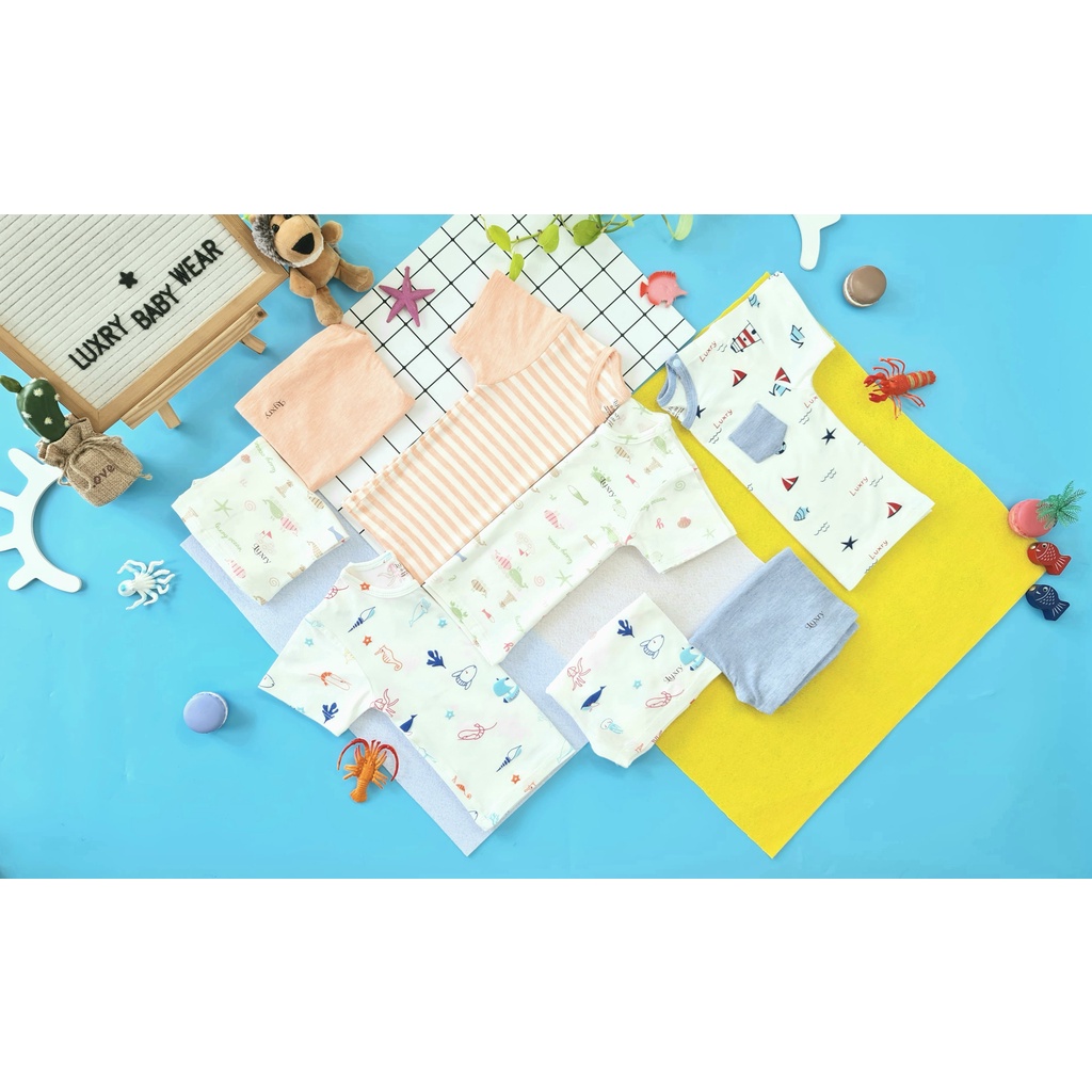 Bộ Quần Áo Cộc Tay Cài Vai họa tiết siêu dễ thương chất liệu vải sợi tre nhà Luxry Cho Bé trai bé gái dưới 5 tuổi