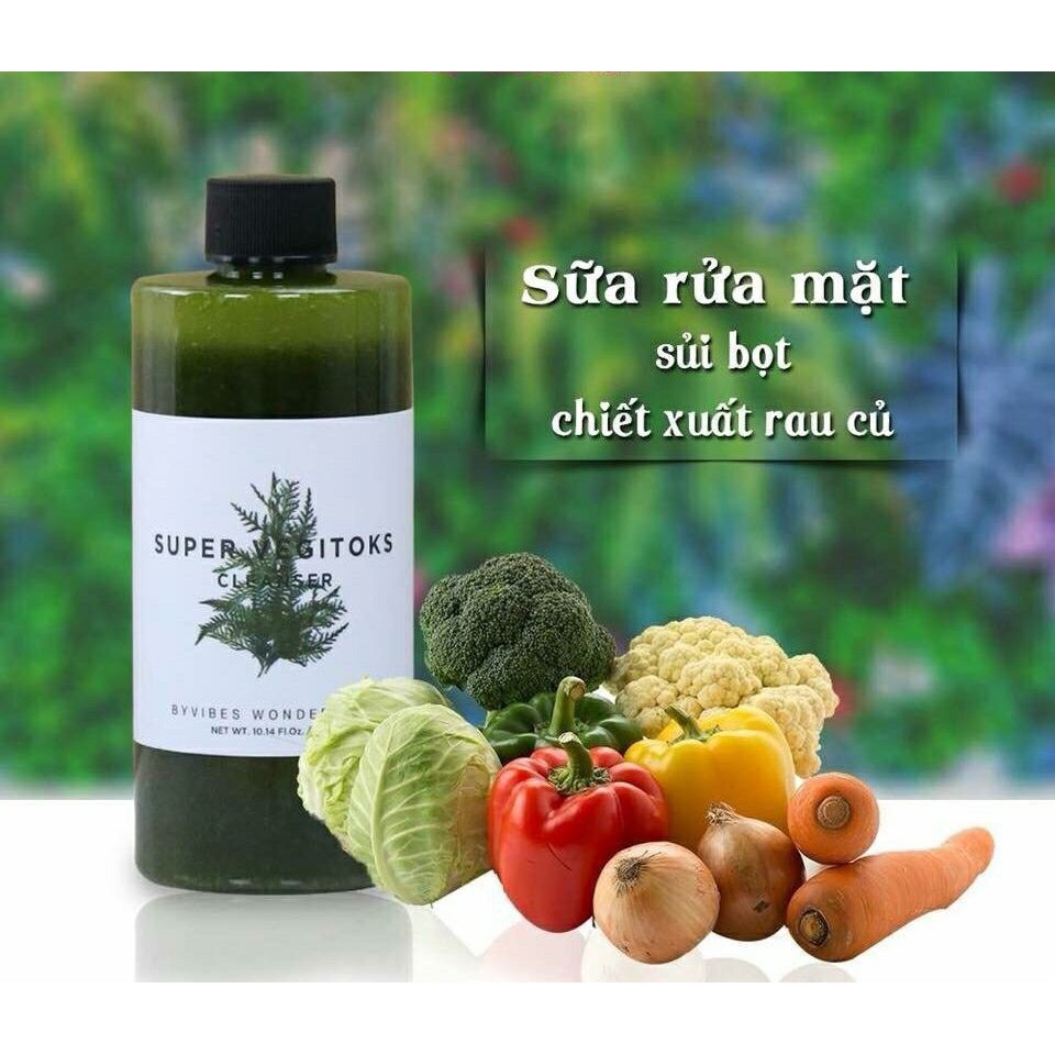 Sữa Rửa Mặt Sủi Bọt Chiết Xuất Rau Củ Dưỡng Ẩm, Làm Dịu Da Wonder Bath Super Vegitoks Cleanser Green 300ml - Xanh