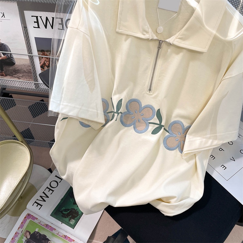 Áo Thun Tay Ngắn Có Khóa Kéo Dáng Rộng Thêu Họa Tiết Phong Cách Cổ Điển Thời Trang Cho Nữ