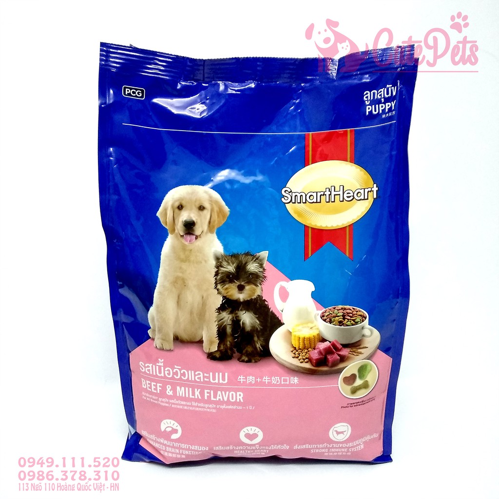 🐶 Thức ăn Smart Heart Puppy 1.5kg - Vị thịt bò và sữa dành cho chó con - CutePets Phụ kiện chó mèo Pet shop
