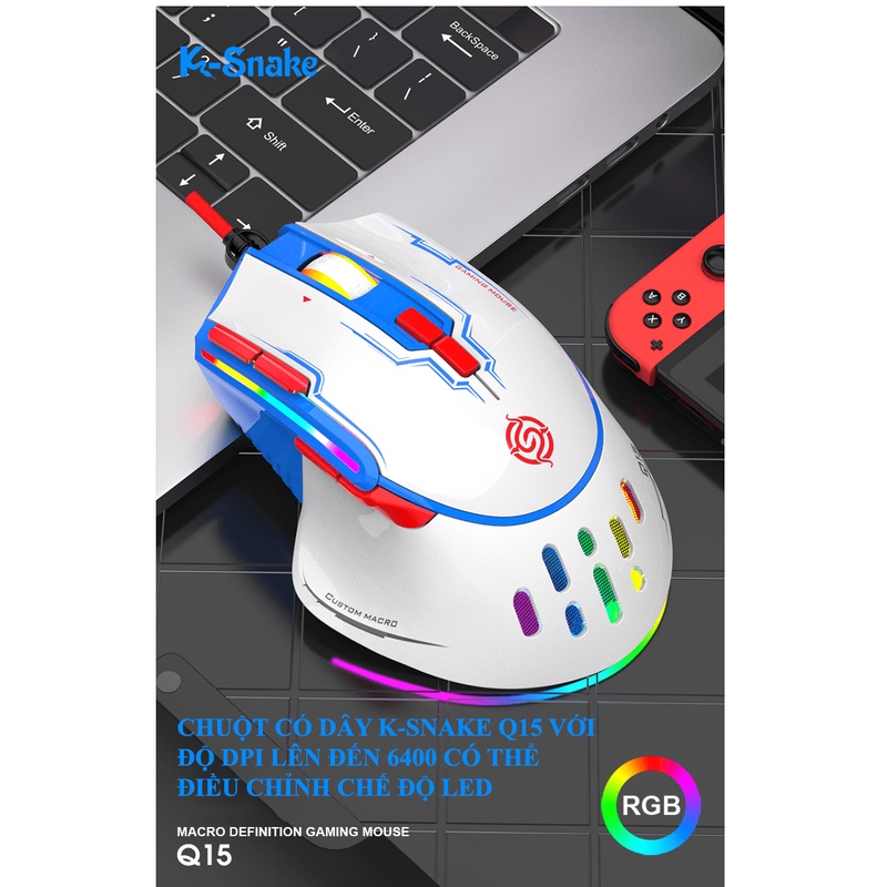 Chuột có dây K-Snake Q15 tốc độ chuột lên đến 6400DPI với đèn led RGB có thể điều chỉnh nhiều chế độ LED