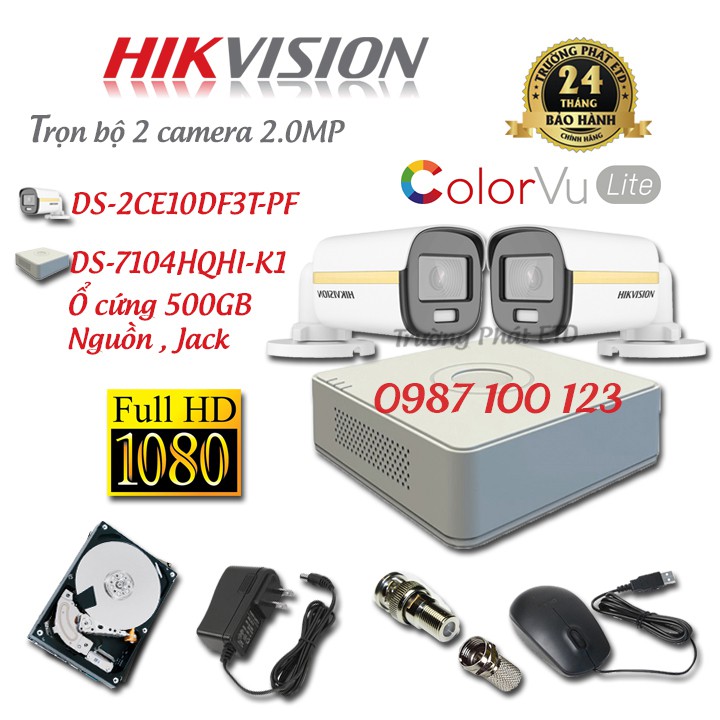 Trọn Bộ (2-8) Camera HIKVISION 2MP Có Màu 24/24 DS-2CE10DF3T-PF full HD1080 - Full Phụ Kiện - Hàng Chính Hãng