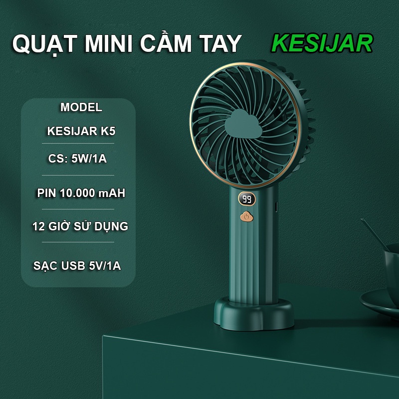 Quạt cầm tay mini kẹp bàn KESIJAR K5 sạc pin tích điện 10.00mAh, sử dụng liên tục 12 giờ, cổng sạc USB 5V/1A, 5 mức gió