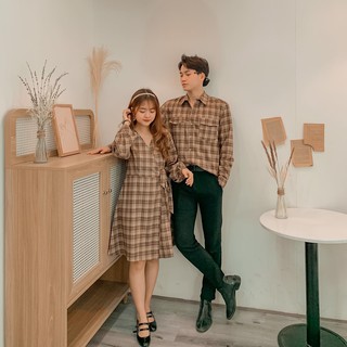 Váy cổ V tay bồng - Áo nam kẻ nâu
