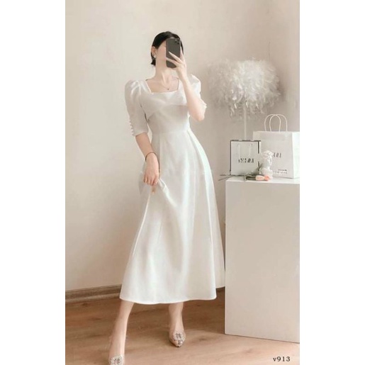 Đầm váy dự tiệc, đi bàn đãi tiệc, chụp hình cưới form tiểu thư midi sang trọng màu trắng cổ vuông phối cổ áo cách điệu