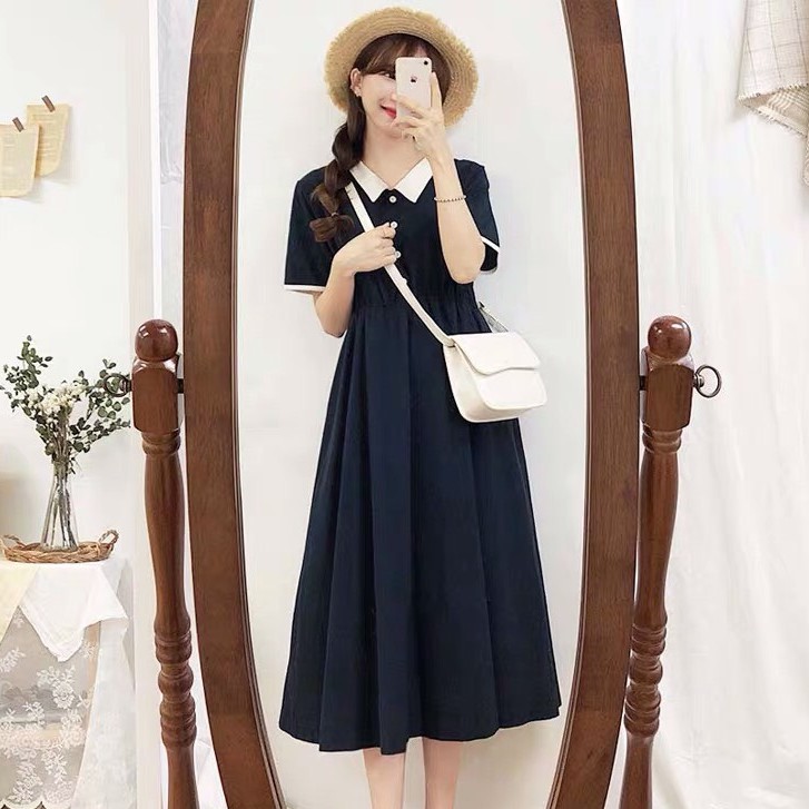 Đầm polo đen viền cổ trắng Váy ngắn tay đi học | BigBuy360 - bigbuy360.vn