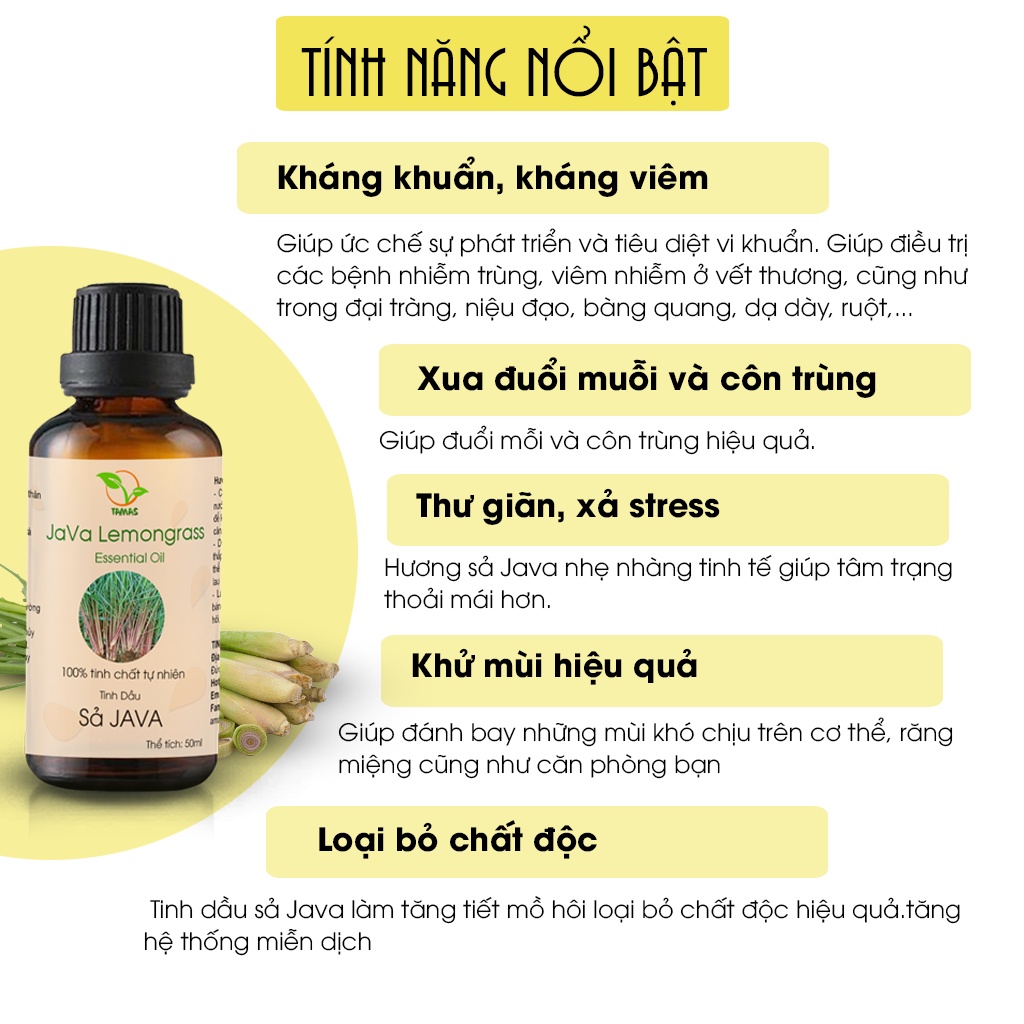 Tinh dầu Sả Java 50ml nguyên chất TAMAS, tinh dầu thơm phòng, treo xe,  khử mùi, giải stress, xua đuổi muỗi và côn trùng