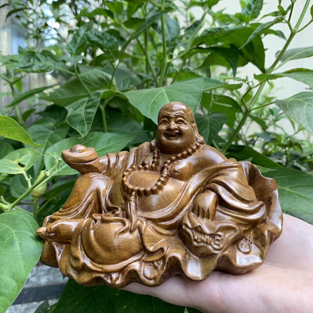 Tượng Phật Di Lặc Ngồi Lá Sen Đặt Ô Tô, Văn Phòng - Gỗ Bách Xanh, Gỗ Hương