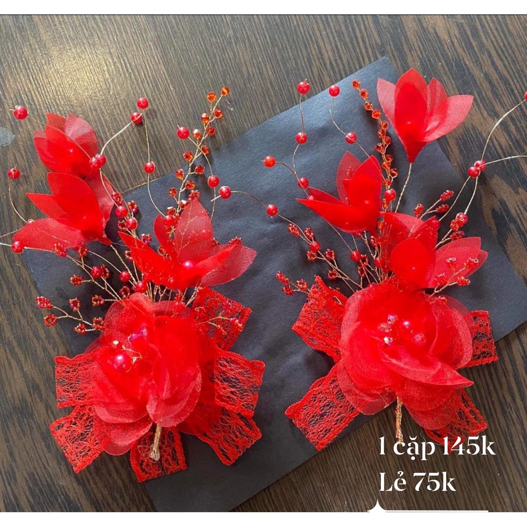 Bộ 2 cài cô dâu hoa nơ đỏ 145k