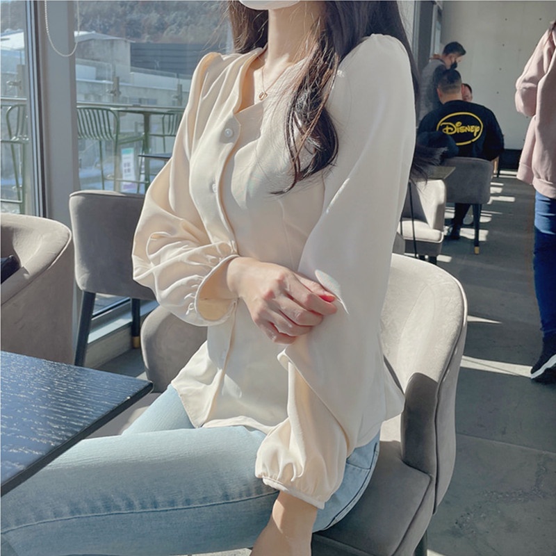 SUXI Áo Sơ Mi Tay Phồng Dài Cổ Chữ V Màu Sắc Trơn Phong Cách Vintage Hàn Quốc Cho Nữ