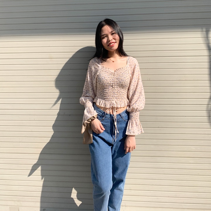 Áo croptop bigsize nữ dài tay KimFashion, croptop bigsize hoa nhí 55-90kg
