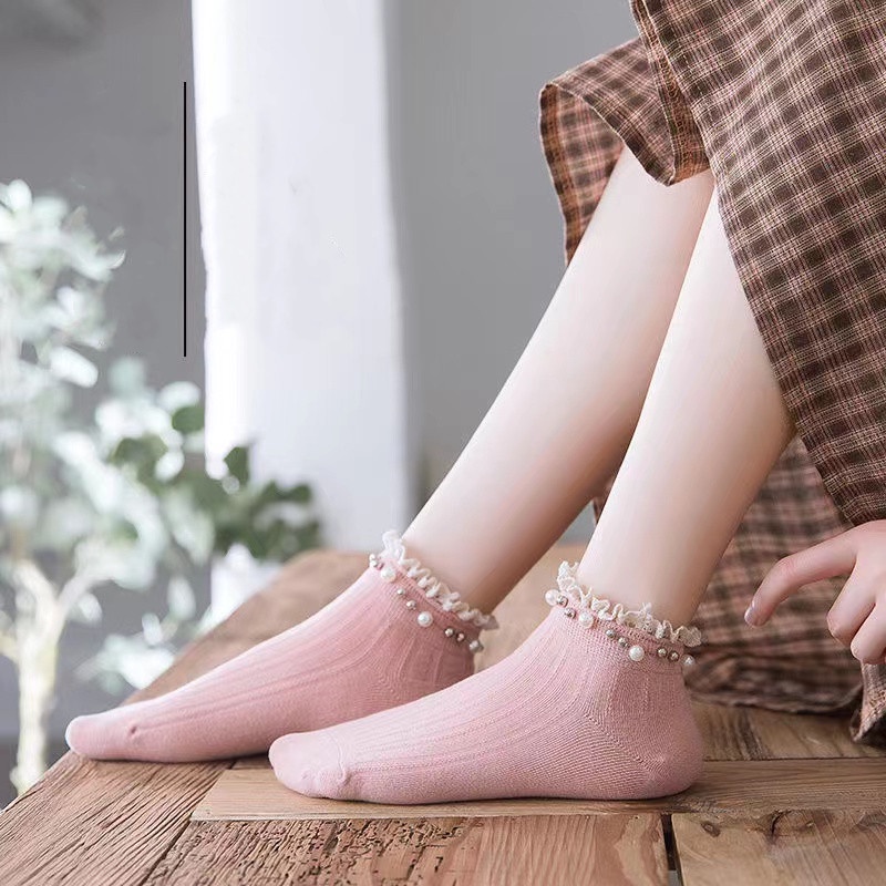 Vớ cotton Phối Ren Đính Ngọc Trai Nhân Tạo Phong Cách Hàn Quốc Mới Cho Nữ