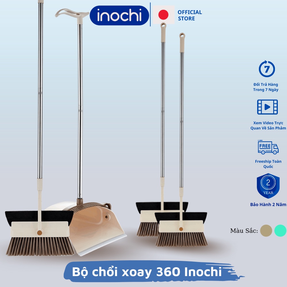 Chổi nhựa quét nhà thông minh Inochi cán inox xoay 180 độ 2in1 kèm hót rác cán dài gấp gọn tiện dụng