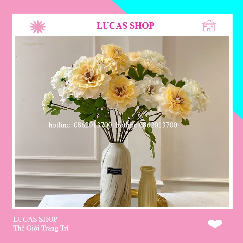 Hoa Giả- Hoa Cúc Thược Dược 65cm Cành 3 Bông Cao Cấp, Decor Nhà Cửa, Studio...