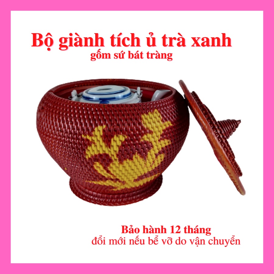 Bình ủ trà giữ nhiệt ấm tích pha trà xanh gốm sứ bát tràng dung tích 1,6l giành nhựa giả mây dùng hãm chè.