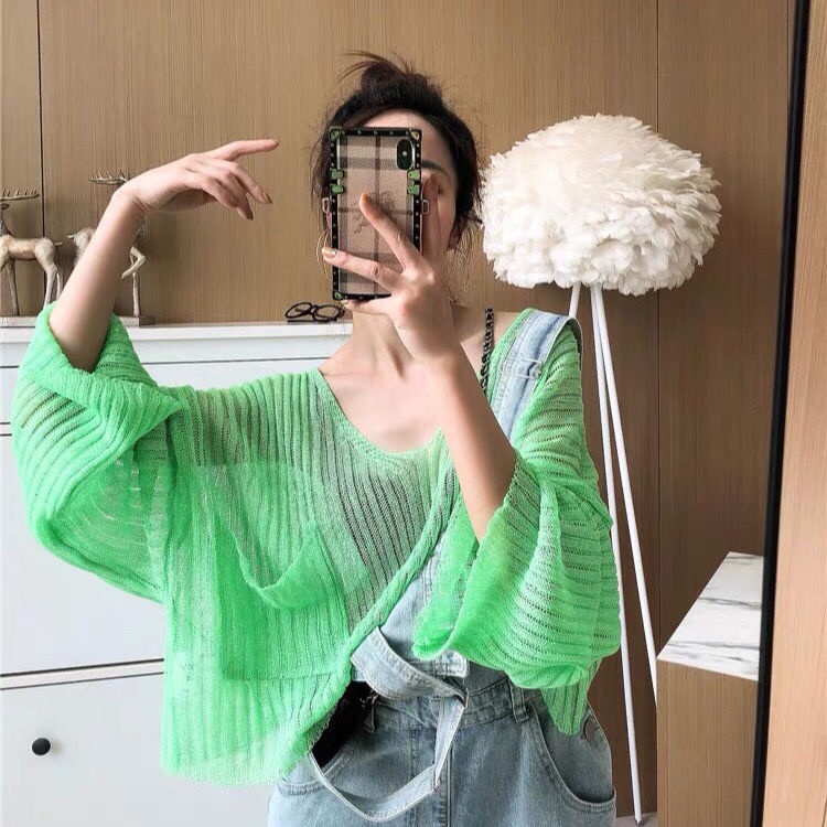 Jiashucheng Áo Sơ Mi Dệt Kim Tay Dài Cổ Chữ V Vải Lụa Lạnh Mỏng Chống Nắng Mùa Hè Phong Cách Mới Cho Nữ