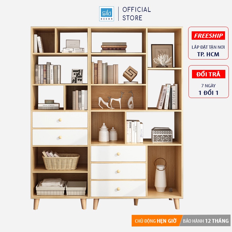 Tủ Sách Để Sàn Nhiều Ngăn Hiện Đại Màu Vân Gỗ Sồi Và Trắng Thương Hiệu SIB Decor