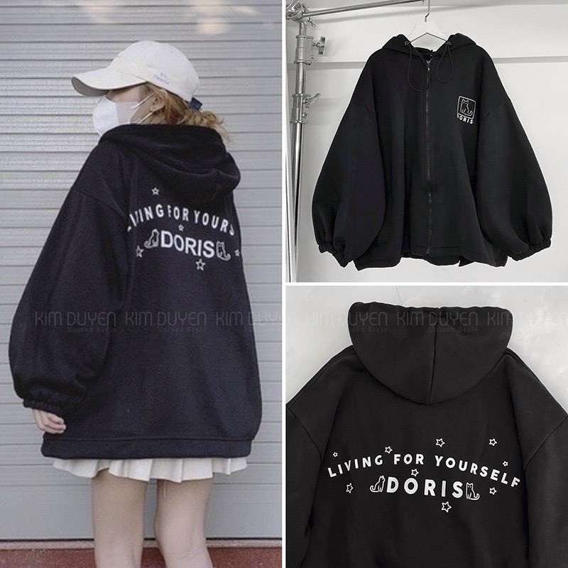 Áo khoác hoodie nữ zip vải nỉ DORIS có mũ nón form rộng ulzzang dễ thương tay phồng mền mịn kiểu dáng bacsic SENAVA AK54