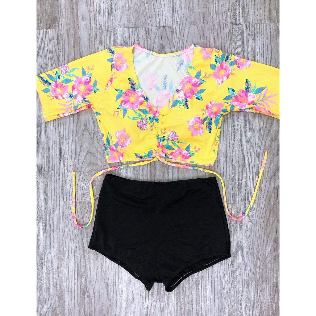 Bikini hai mảnh áo hoa vàng  cọc tay váy xoè mặc đi biển đi bơi ( Đảm bảo như hình)