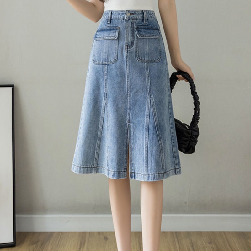 Chân váy denim RENJIANVSHENG dáng chữ A lưng cao phong cách Hàn Quốc thời trang cho nữ