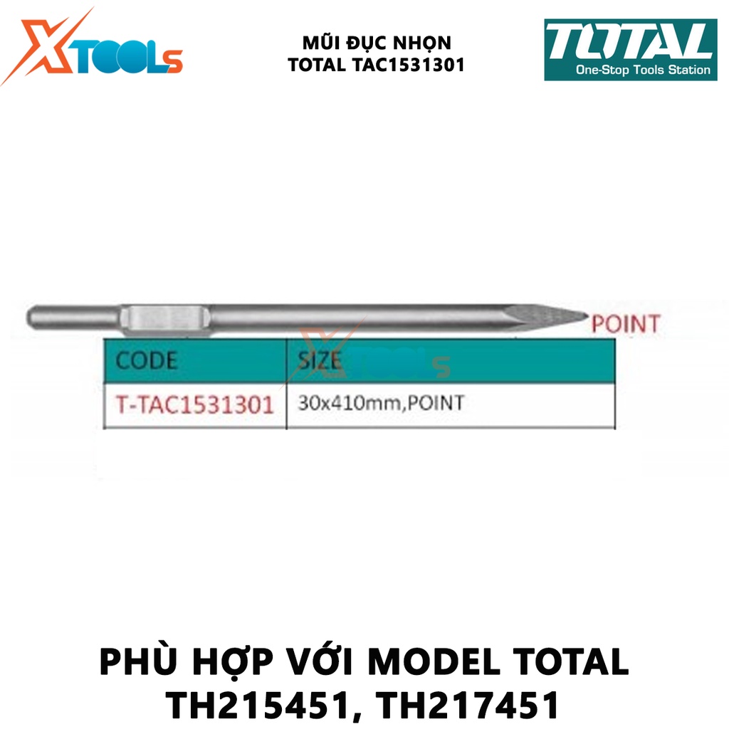 Mũi đục nhọn đuôi lục giác Total TAC1531301  | mũi đục nhọn size 30X 410mm, nhọn, độ bền cao, chịu nhiệt [XTOOLS]