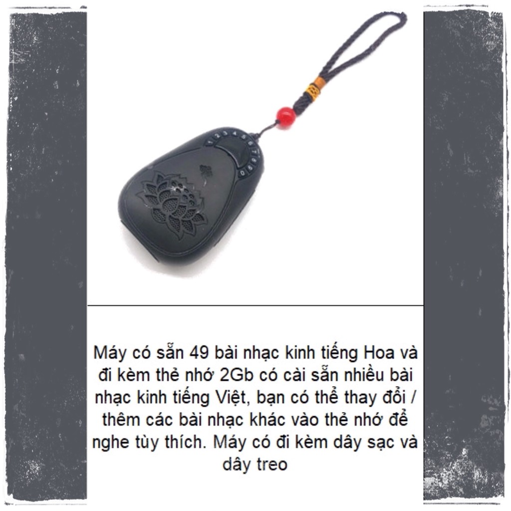 Máy nghe kinh hai màu gỗ và đen phong thủy, có họa tiết hình hoa sẽ và đi kèm dây treo