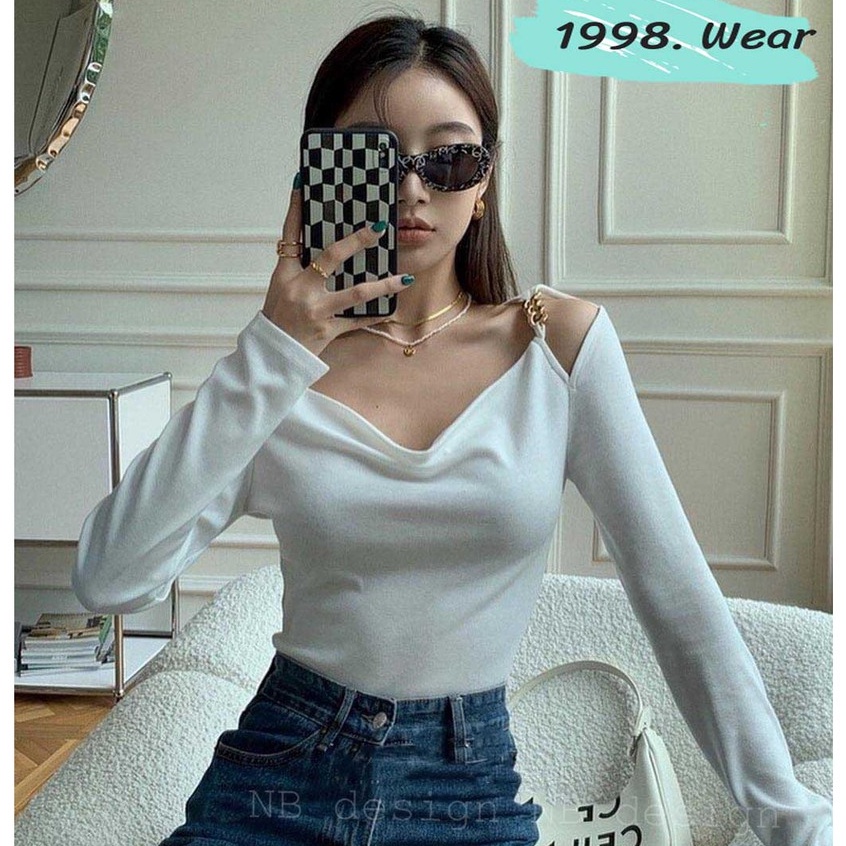 Áo khoét vai tay dài thiết kế phối xích, áo bành béo nữ tay dài thời trang nữ 1998.Wear