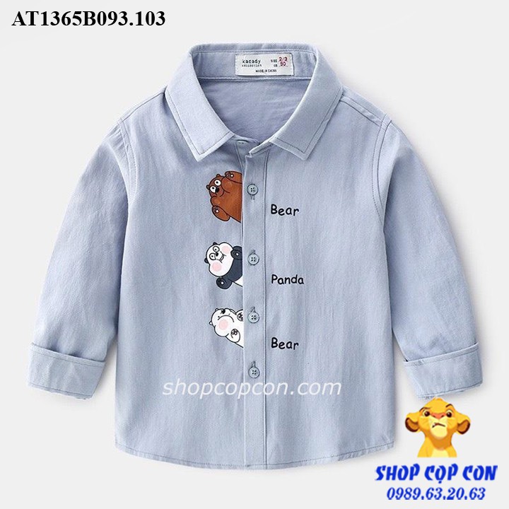 Áo sơn mi tay dài hình gấu cho bé trai từ 12-42kg