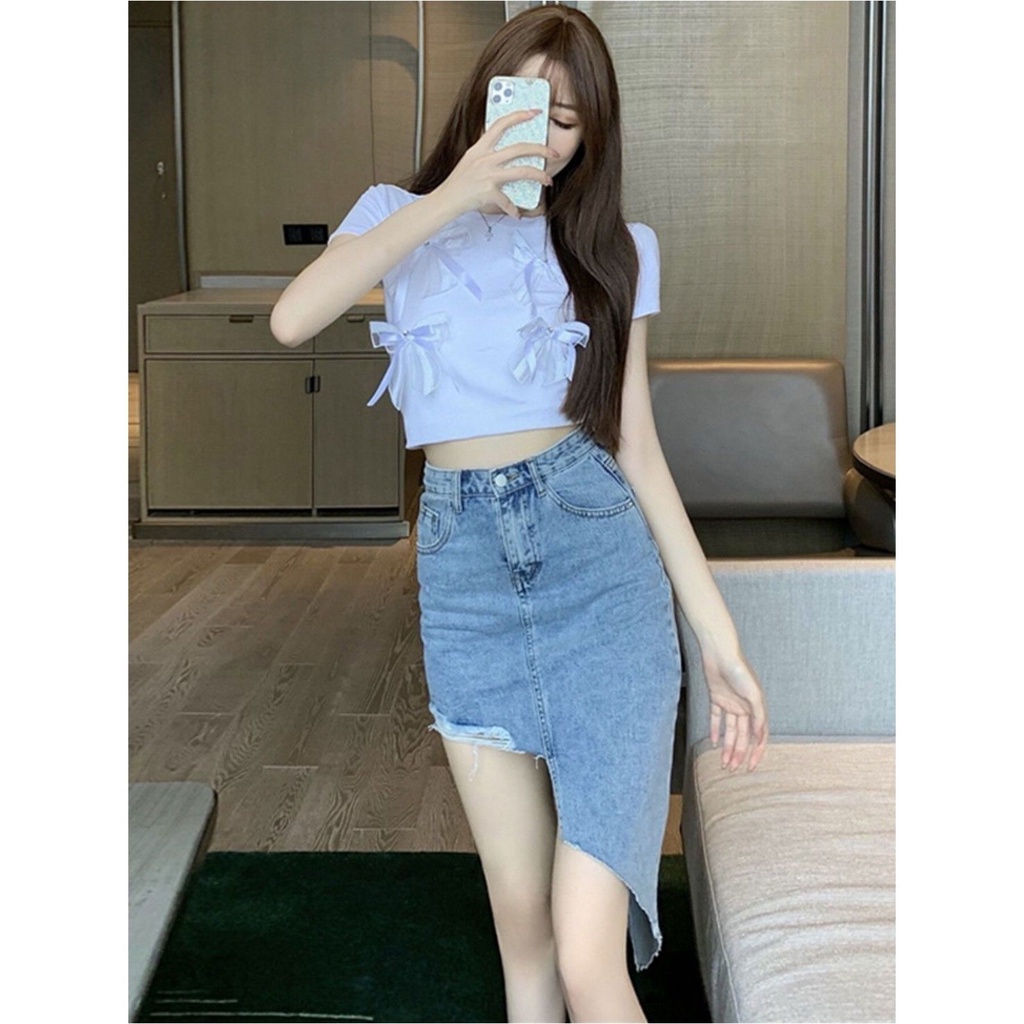Jiashucheng Chân Váy Jean Lưng Cao Xẻ Tà Thời Trang Mùa Hè Phong Cách Hàn Quốc Cho Nữ
