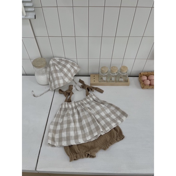 Set caro cột dây + nón xám nhạt em bé Nanci room