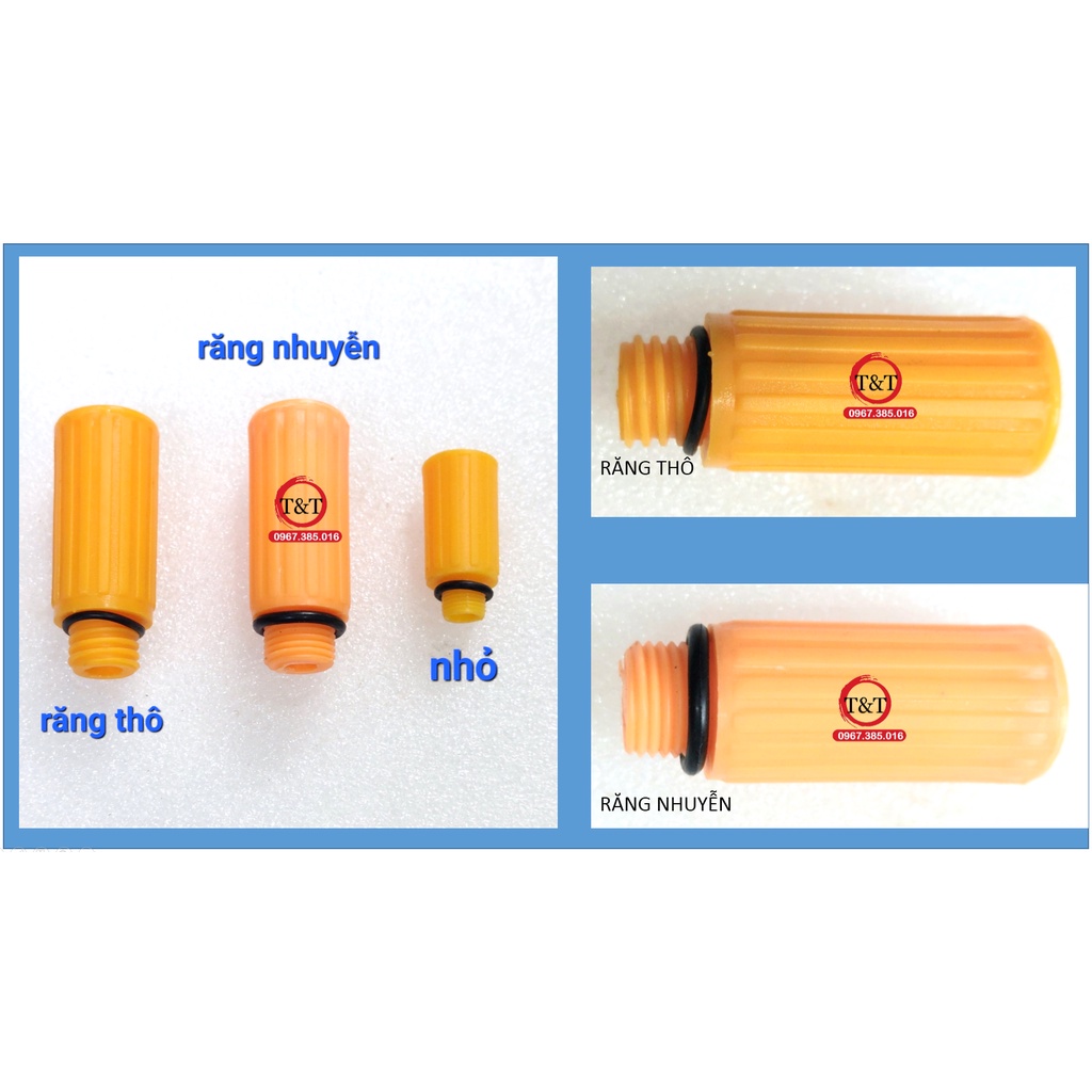 3 loại nút thở cam máy nén khí ren 15mm thô, ren 15mm nhuyễn, và nút thở nhỏ ren 9mm.