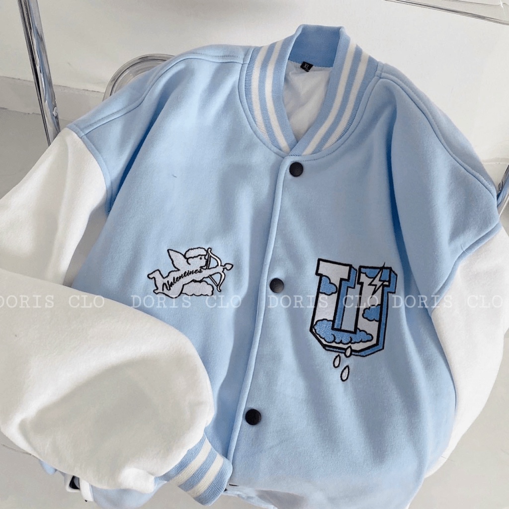Áo Khoác Bomber Nỉ Nam Phối Hai Màu Trắng Xanh Hình Thiên Thần Chữ U Phong Cách Thể Thao Trẻ Trung Thời Trang TP1987[New