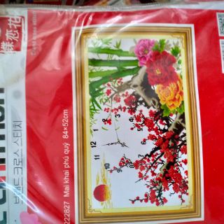 Tranh thêu chữ thập Đồng hồ hoa đào KT 84*52cm(hình thật)